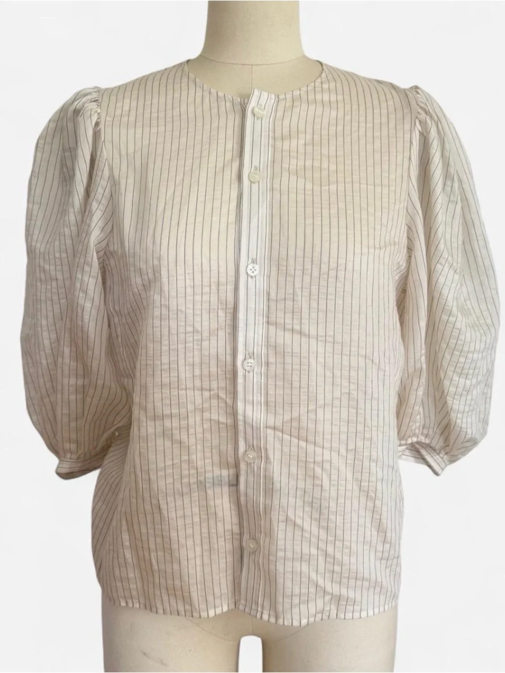 Silk blend sheer Madewell White Pinstripe Button-Front Puff Sleeve Blouse